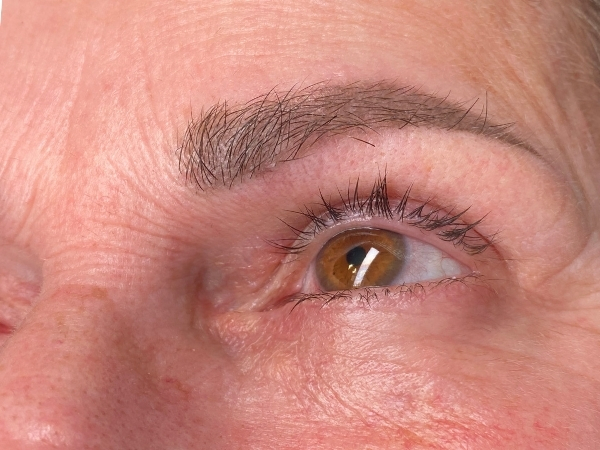 Ogen vóór een PMU behandeling met een subtiele oogvorm en zonder pigmentatie langs de wimperrand.
