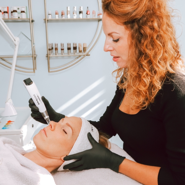 Microneedling behandeling waarbij de huid wordt gestimuleerd om collageen aan te maken voor een stevigere en egalere huid.