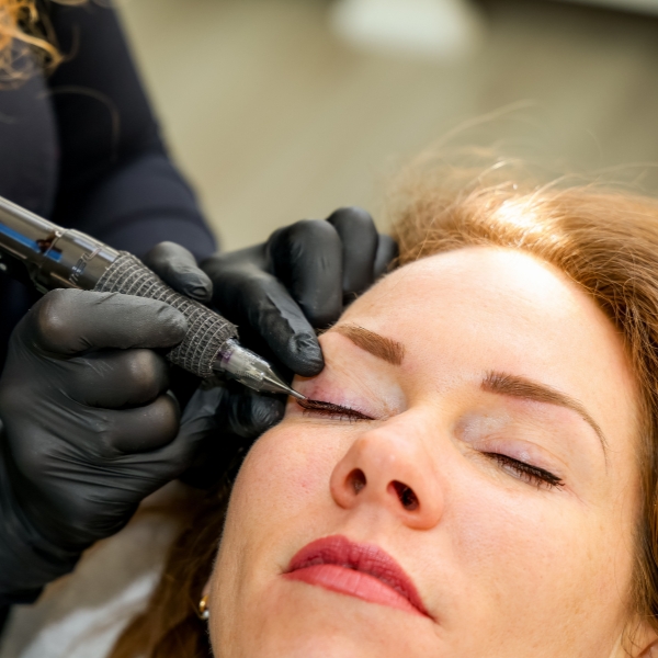 Charity brengt met precisie een permanente eyeliner aan voor een verzorgde en sprekende oogopslag.