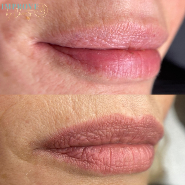 Resultaat van een Full Lips PMU-behandeling met een egale en natuurlijke lipkleur.